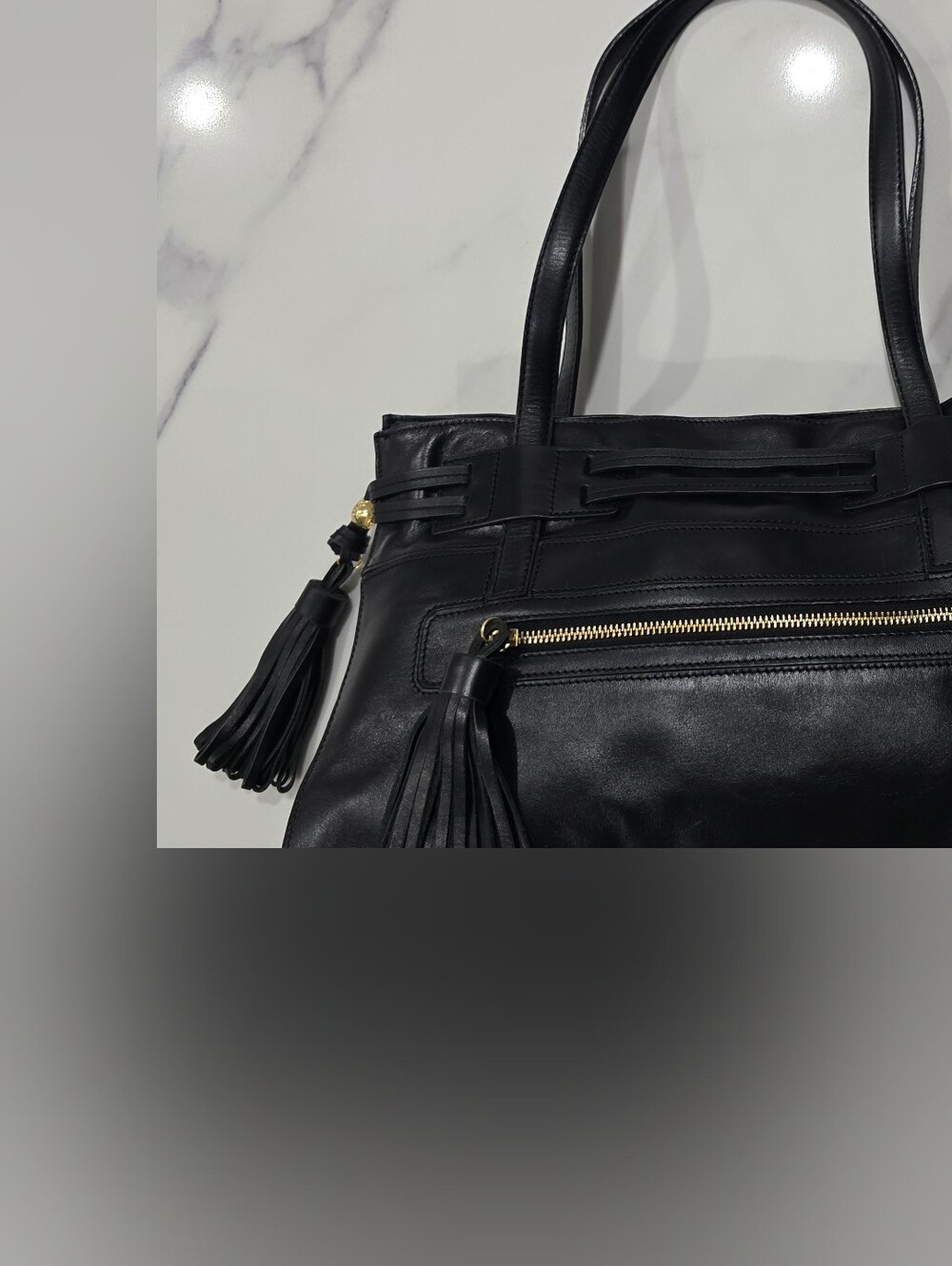Monsac Black Leather Tote with Tassel Accents